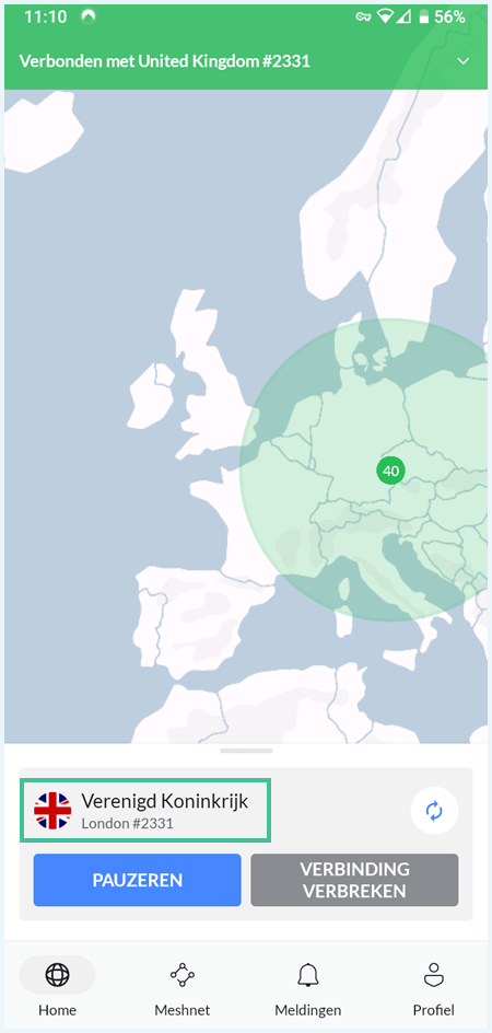 NordVPN app op een mobiel device waarbij de app is verbonden met een server in het Verenigd Koninkrijk