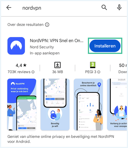 NordVPN app in Google Play waarbij de knop met Installeren is uitgelicht