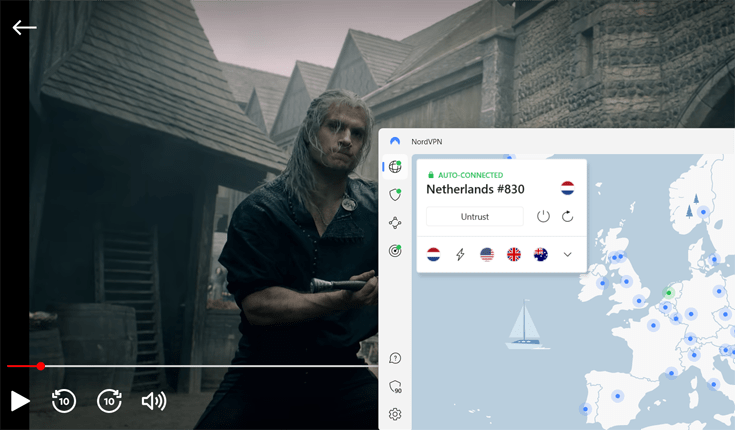 NordVPN verbonden met een Nederlandse server naast een werkende The Witcher stream op Netflix