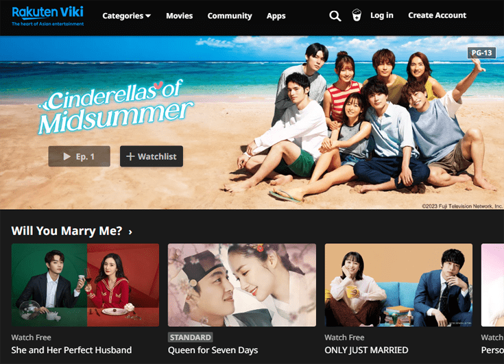 Homepage van de website Rakuten Viki