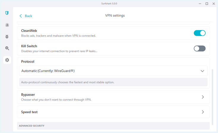 Instellingen van Surfshark met de Cleanweb-functie bovenaan