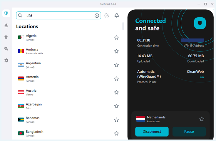 Software van de VPN-app van Surfshark waarbij de P2P servers te zien zijn en de zoekbalk is uitgelicht met de tekst P2P
