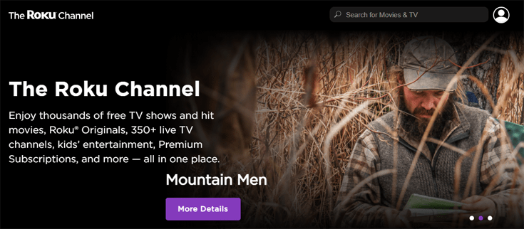 Homepage van de website The Roku Channel