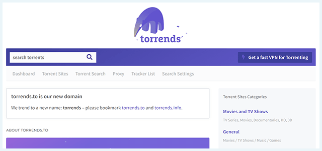 Homepage van de torrent-website Torrends