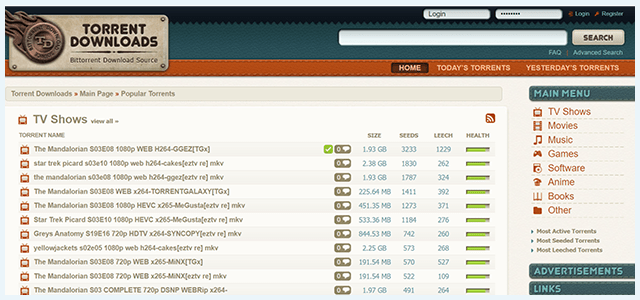 Homepage van de torrent-website TorrentDownloads