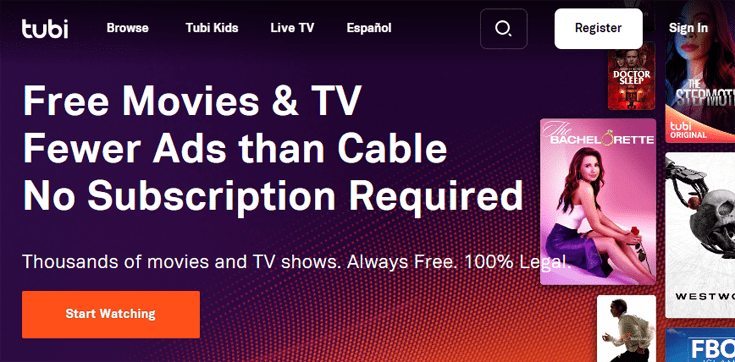 Homepage van de website TubiTV