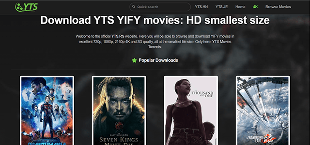 Homepage van de torrent-website YTS