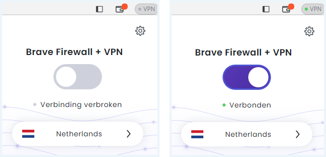 Vensters van Brave VPN naast elkaar waarbij links de VPN niet verbonden is en rechts wel