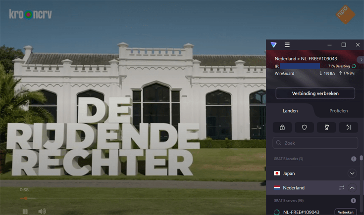 Intro van De rijdende rechter met rechtsonder het scherm van ProtonVPN verbonden met een Nederlandse server