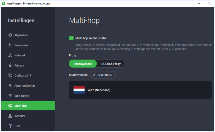 Menu van PIA met mogelijkheid om een multihop te maken.