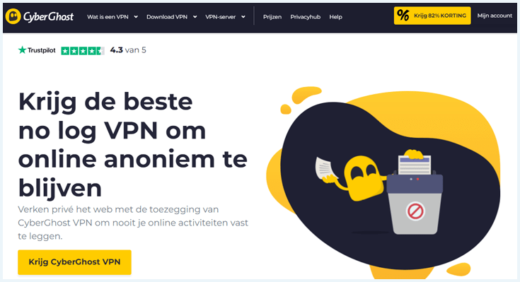 CyberGhost website pagina over dat het de beste No Log VPN is om anoniem te blijven