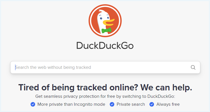 Homepage van de anonieme zoekmachine DuckDuckGo