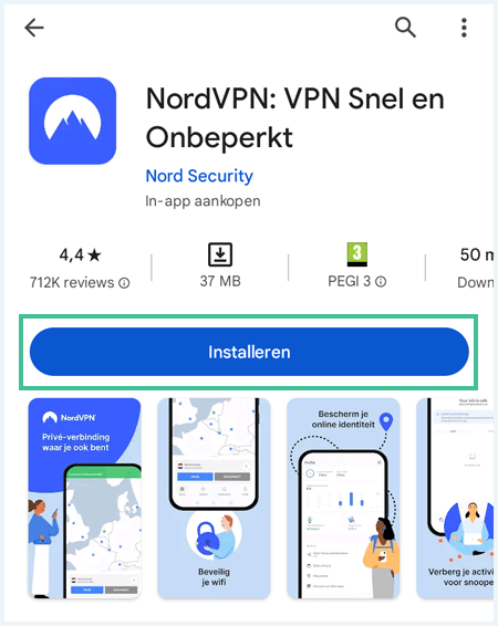 NordVPN app in de Google Play store waarbij de knop Installeren is uitgelicht