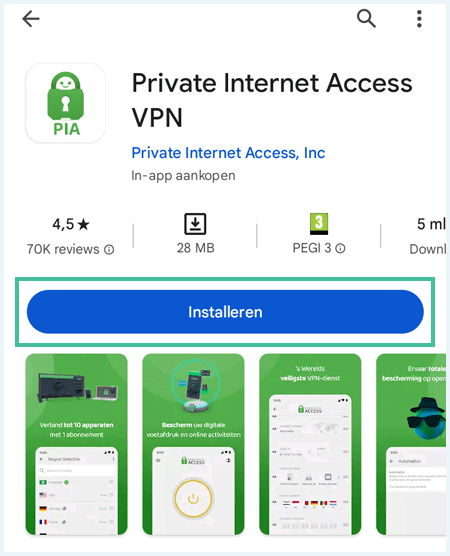 PIA app in de Google Play store waarbij de knop Installeren is uitgelicht