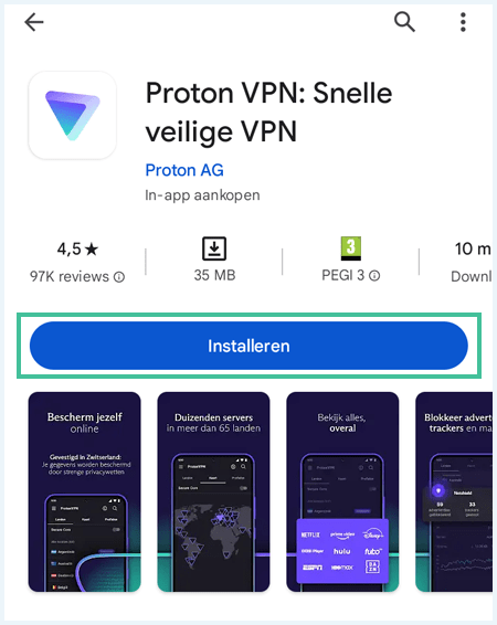 ProtonVPN app in de Google Play store waarbij de knop Installeren is uitgelicht