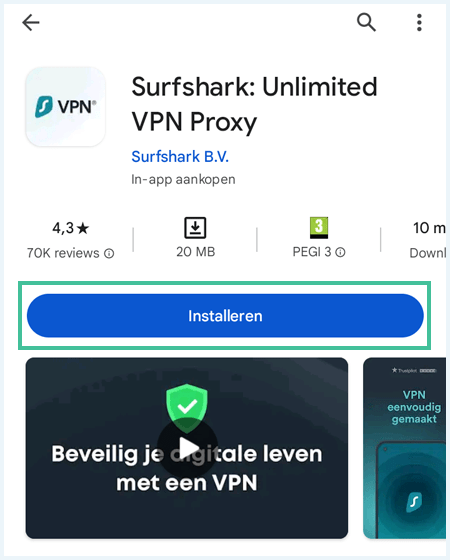 Surfshark app in de Google Play store waarbij de knop Installeren is uitgelicht
