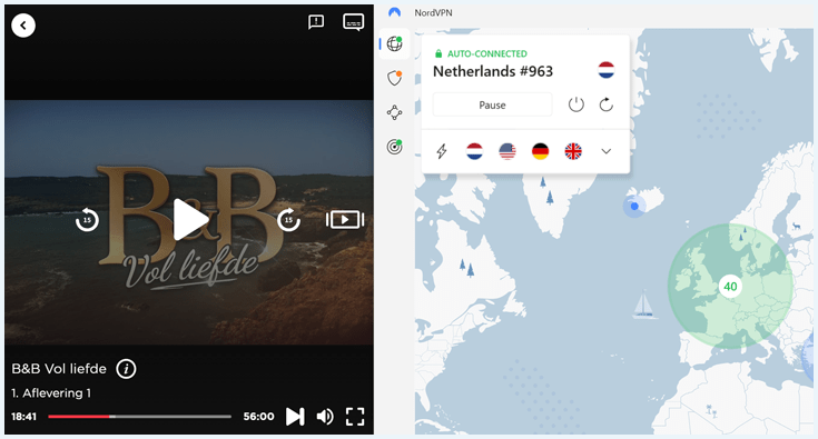 NordVPN verbonden met een Nederlandse server met op de achtergrond een werkende B&B Vol liefde stream