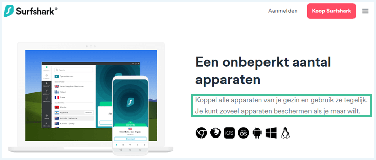 Surfshark website waarbij de paragraaf over het onbeperkt aantal apparaten is uitgelicht