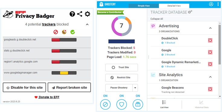 De privacy-gerichte browserextensies Privacy Badger en Ghostery