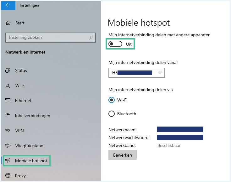 Windows-instellingen van de mobiele hotspot