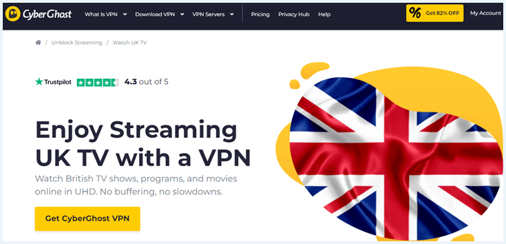 Scherm van CyberGhost met informatie over servers in het Verenigd Koninkrijk