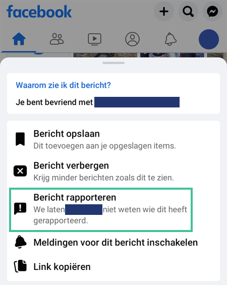 Facebookmenu met optie om een bericht te rapporteren