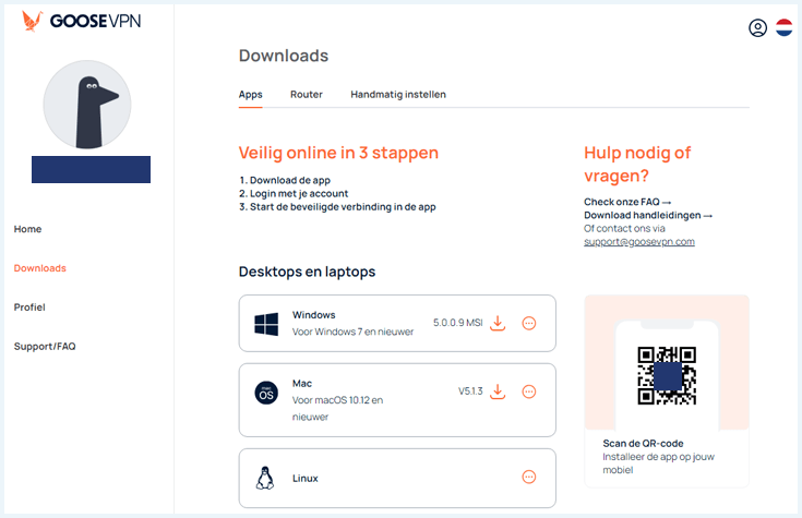 GOOSE VPN account met downloads, profiel en support