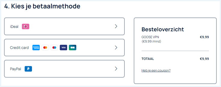Overzicht van betaalmethoden bij GOOSE VPN: iDeal, Credit card en PayPal