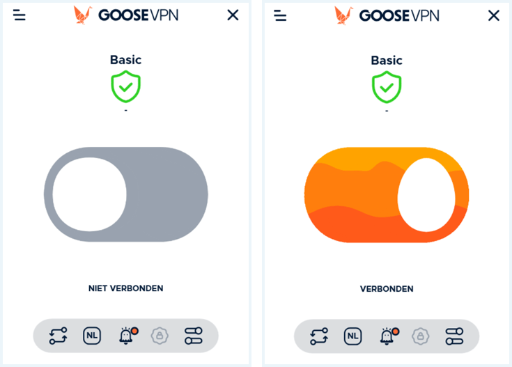 De GOOSE VPN app, links niet verbonden, rechts wel verbonden