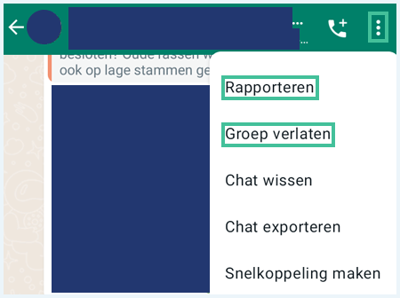 WhatsApp-menu om een groep te rapporteren of te verlaten