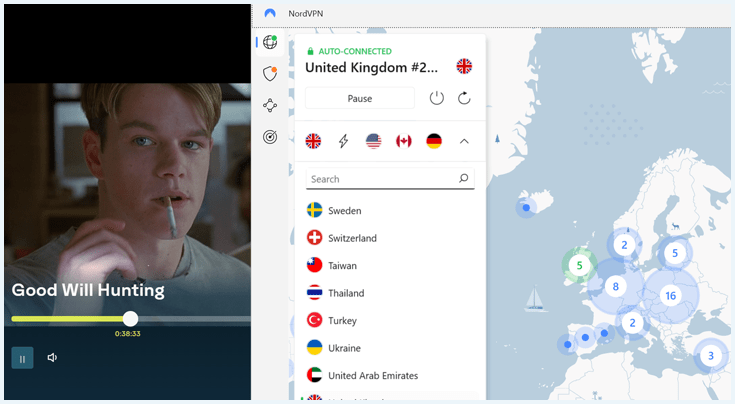 Scherm van ITV met film Good Will Hunting in beeld en ernaast een scherm van de NordVPN-app die is verbonden met servers in het Verenigd Koninkrijk.