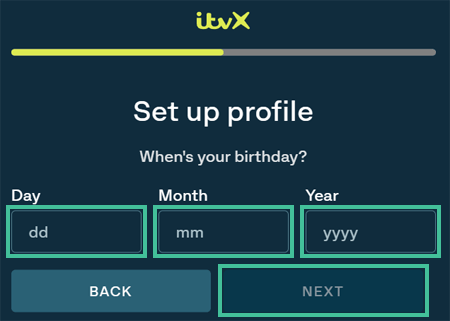 Scherm van ITV met registratieformulier waar geboortedatum ingevuld moet worden