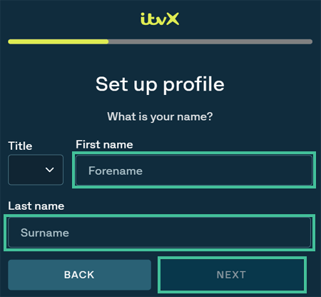 Scherm van ITV met registratieformulier waar voornaam en achternaam ingevuld kan worden