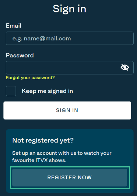 Scherm van ITV met knop Register Now voor registratie