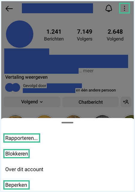Instagram-menu om een account te rapporteren, te blokkeren of te beperken