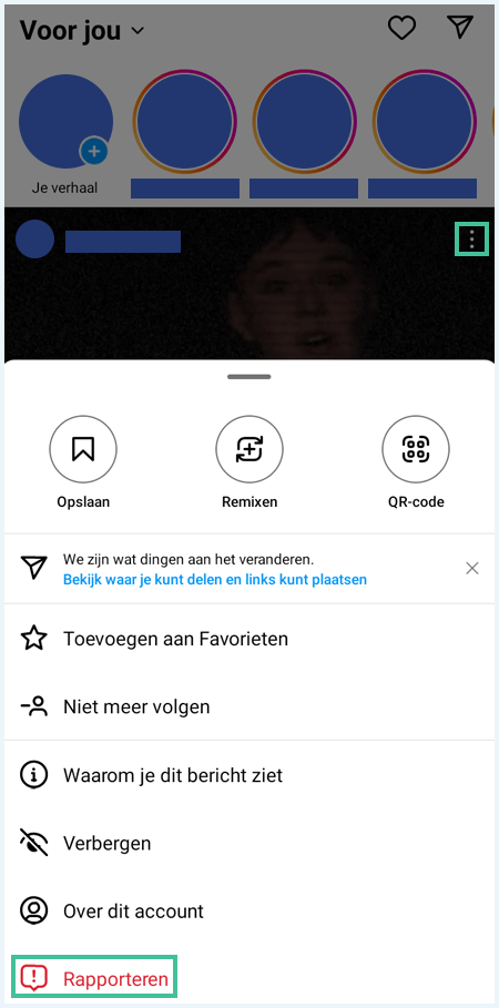 Instagram-menu met optie om bericht te rapporteren