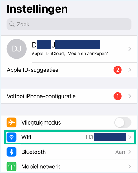 Instellingenmenu van een iPhone met het onderdeel 'Wifi' uitgelicht.