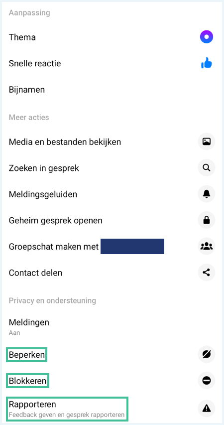 Menu in Messenger om personen te beperken, blokkeren of rapporteren
