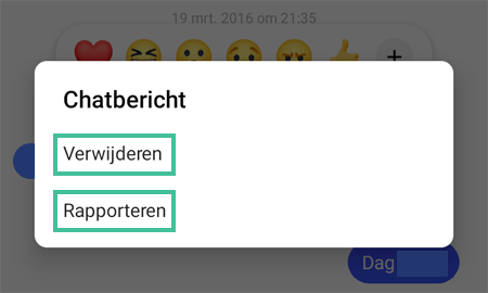 Menu om Messenger chatberichten te verwijderen of te rapporteren.