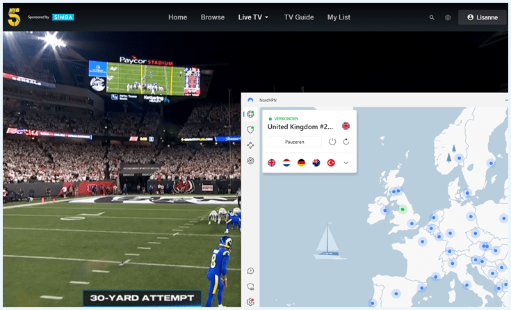 NFL-wedstrijd op Channel 5 met NordVPN verbonden met een server in het Verenigd Koninkrijk