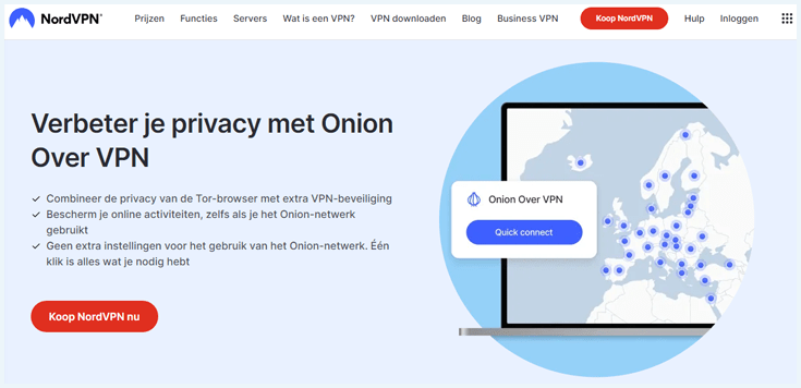 Screenshot van NordVPN met informatie over Tor