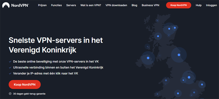 Webpagina van NordVPN met informatie over Britse servers