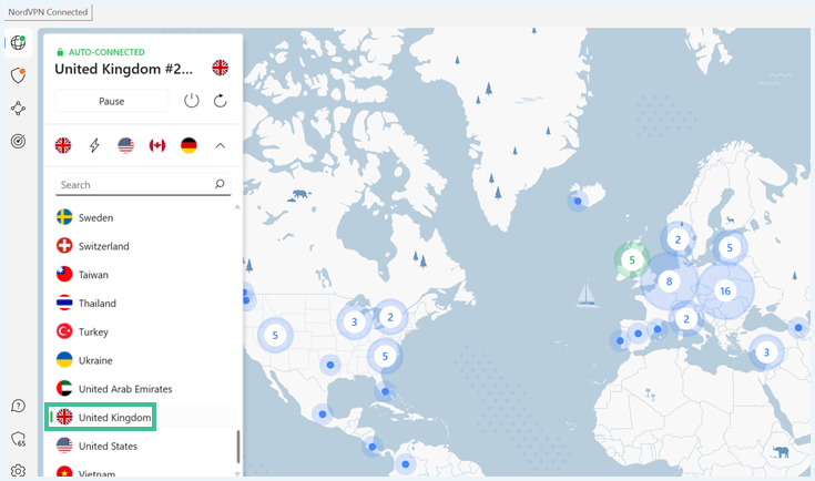 App van NordVPN verbonden met een server in het Verenigd Koninkrijk