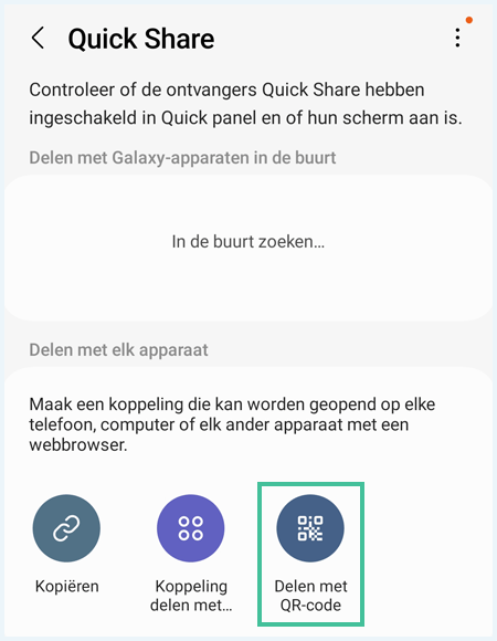 Het 'Quick share'-menu op een Samsung Galaxy met de optie 'Delen met QR-code' uitgelicht.