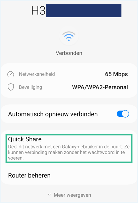 Informatie over de huidige wifi-verbinding op een Samsung Galaxy met de optie 'Quick Share' uitgelicht.
