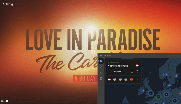 Stream van Love in Paradise, een variant van 90 Days Fiancé met NordVPN op de voorgrond verbonden met een Nederlandse server