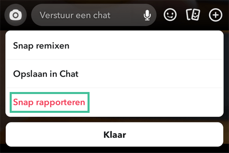 Snapchat-menu met de mogelijkheid om een Snap te rapporteren