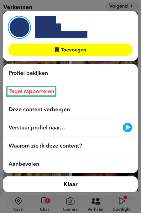 Snapchat-menu met de mogelijkheid om een tegel of verhaal te rapporteren
