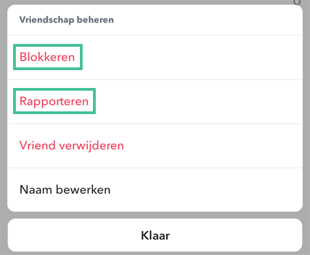 Snapchat-menu met de mogelijkheid om vrienden te blokkeren of rapporteren.