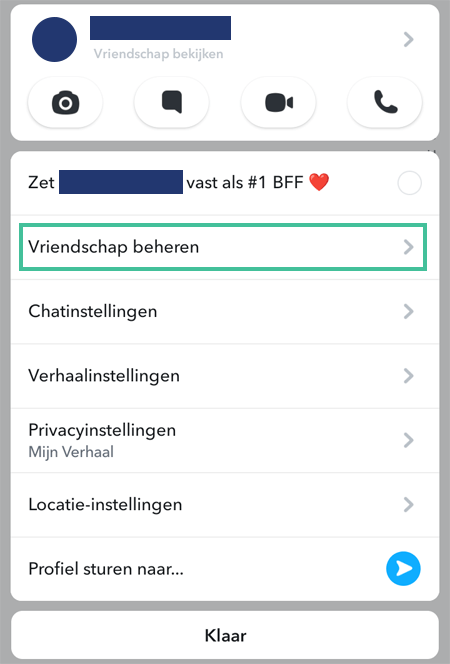 Snapchat-menu met de mogelijkheid om vriendschappen te beheren.